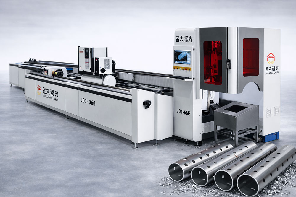 Laser tube cutting machine processing metal tubes in industrial fabrication