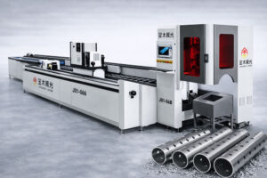 Laser tube cutting machine processing steel tubes in a modern fabrication workshop