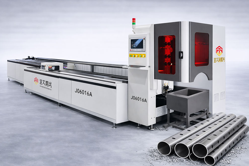 Laser tube cutting machine in a metal fabrication workshop processing steel tubes