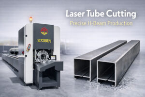 Laser tube cutting machine processing metal tubes in a modern fabrication factory