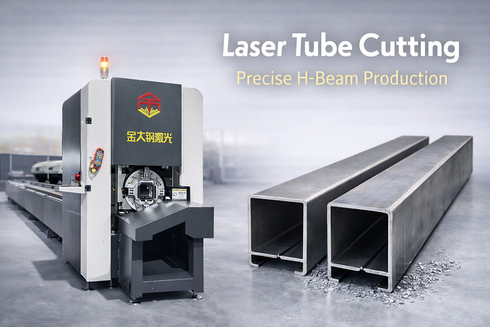 Laser tube cutting machine processing metal tubes in a modern fabrication factory