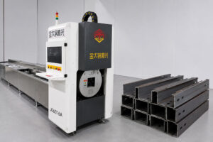 Laser tube cutting machine processing metal tubes in a modern industrial workshop