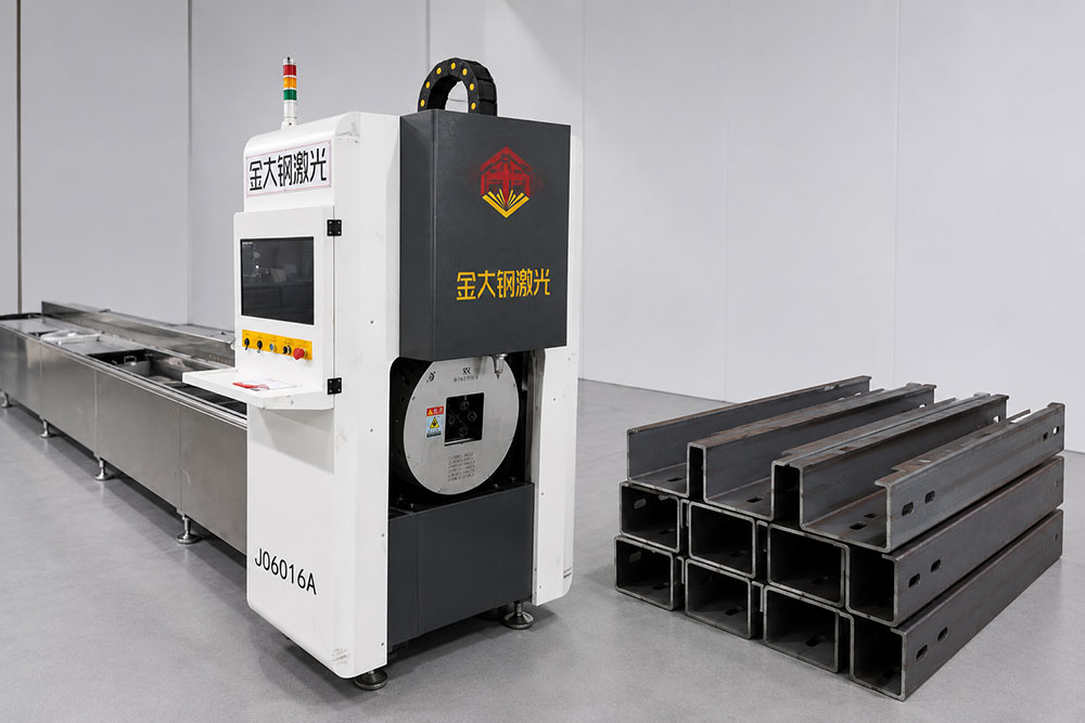 Laser tube cutting machine processing metal tubes in a modern industrial workshop