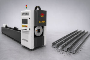 Laser tube cutting machine processing steel tubes in a modern metal fabrication factory
