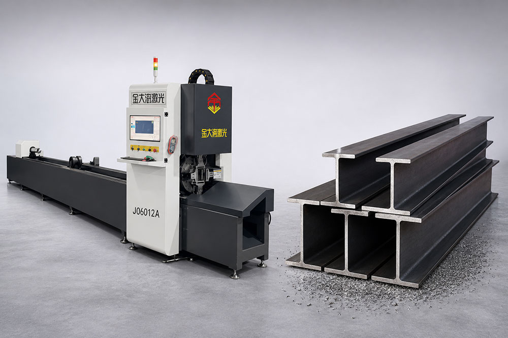 Laser tube cutting machine processing metal tubes in an industrial fabrication workshop