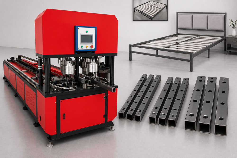 CNC hot drilling and tapping machine for bed frame square tube processing