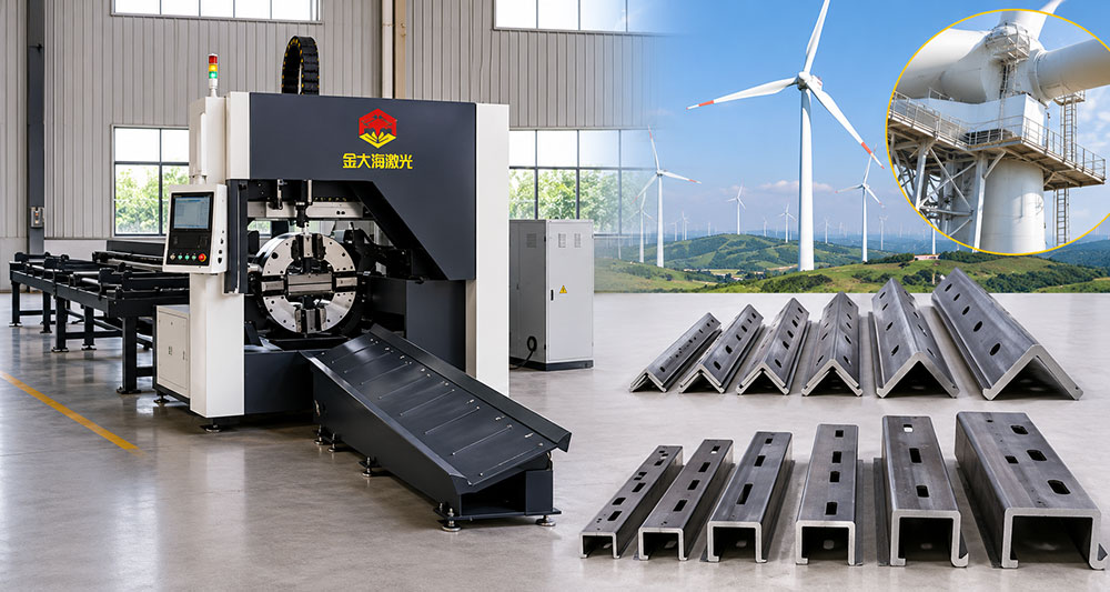 laser tube cutting machine processing angle steel and channel steel for wind turbine manufacturing