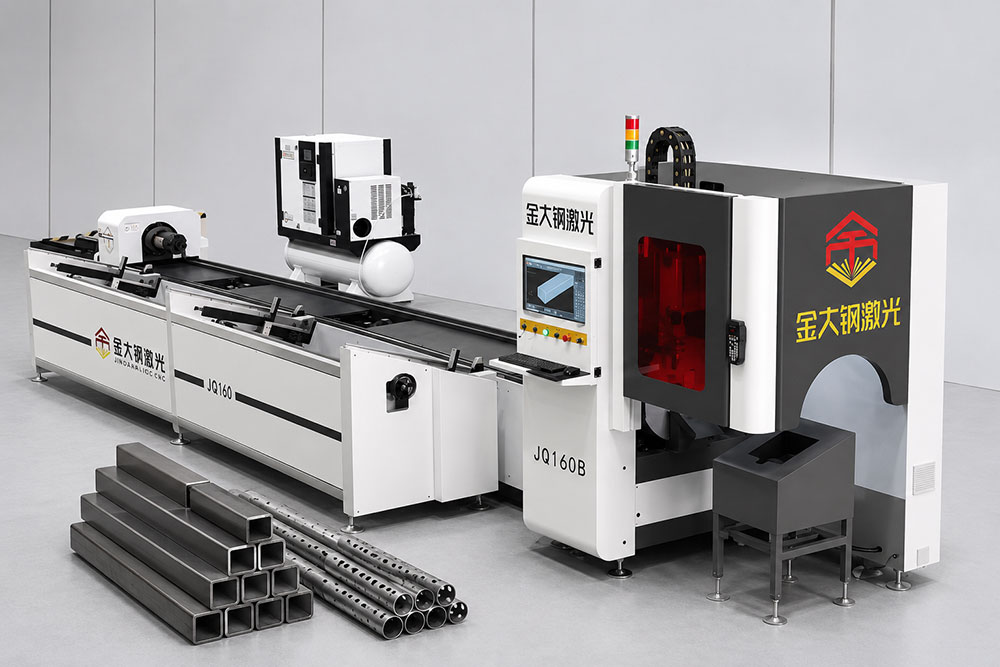Laser tube cutting machine processing metal tubes in a modern fabrication workshop