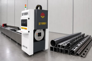 Tube laser cutting machine processing steel tubes in a modern fabrication workshop