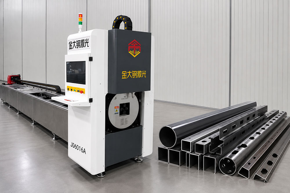 Tube laser cutting machine processing steel tubes in a modern fabrication workshop