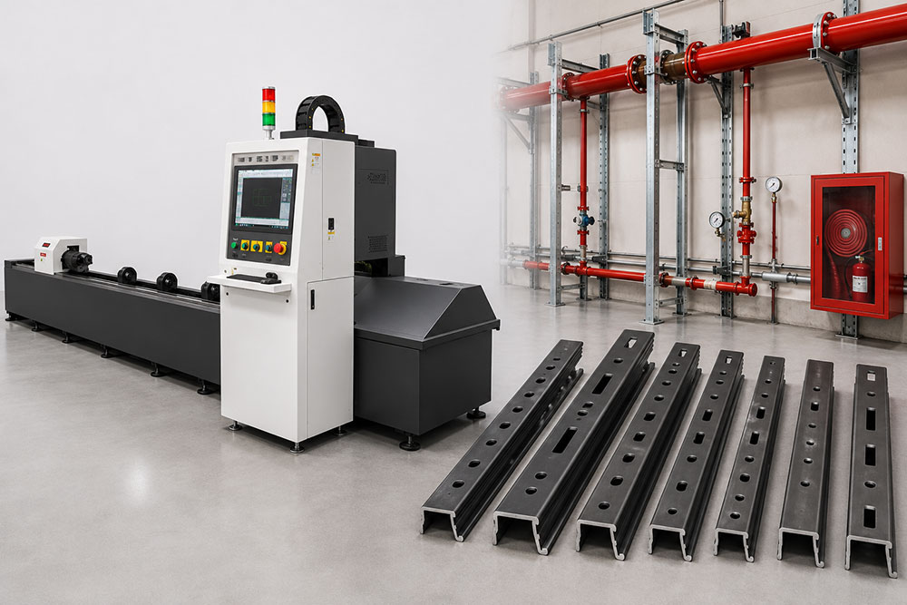 laser tube cutting machine processing angle steel for fire sprinkler support production
