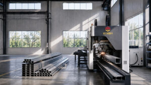 Industrial laser tube cutting machine cutting metal pipes and tubes for furniture, construction, automotive, and machinery manufacturing applications.