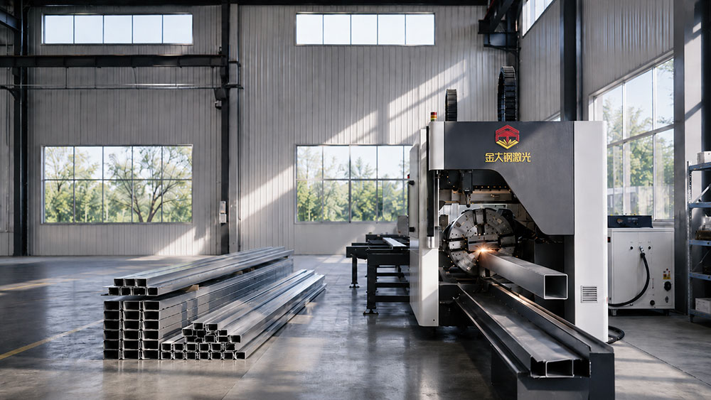 Industrial laser tube cutting machine cutting metal pipes and tubes for furniture, construction, automotive, and machinery manufacturing applications.