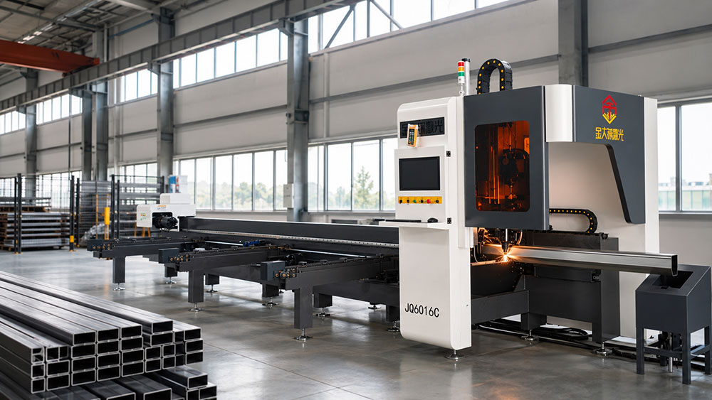 Industrial tube laser cutting machine cutting metal tubes for construction, furniture, automotive, fitness equipment, and machinery manufacturing applications.